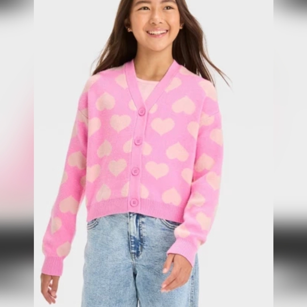 Girls Novelty Cardigan Art Class Pink Hearts Knit Long Sleeve Size XXL NWT